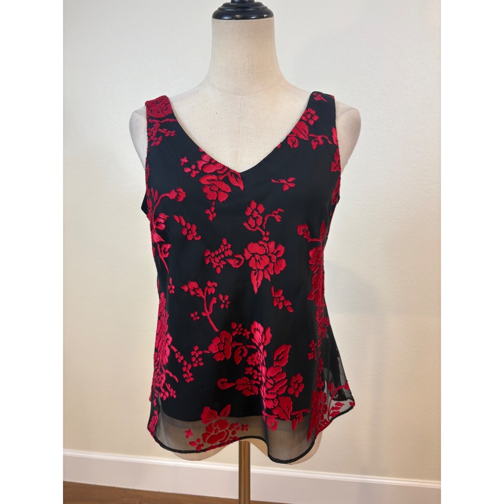 Vtg Y2K Tank Top 6P Black Red Whimsigoth Floral Satin Romantic Dark coquette